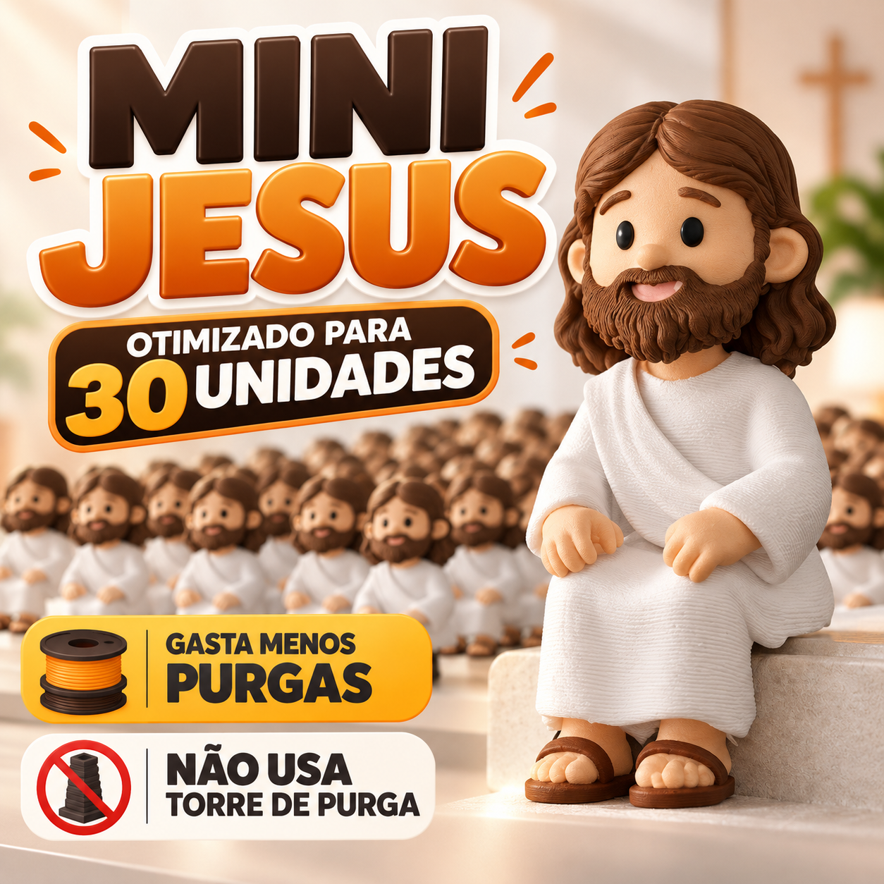 Mini Jesus em 3D com destaque para produção de 30 unidades, menor uso de purga e ausência de torre de purga
